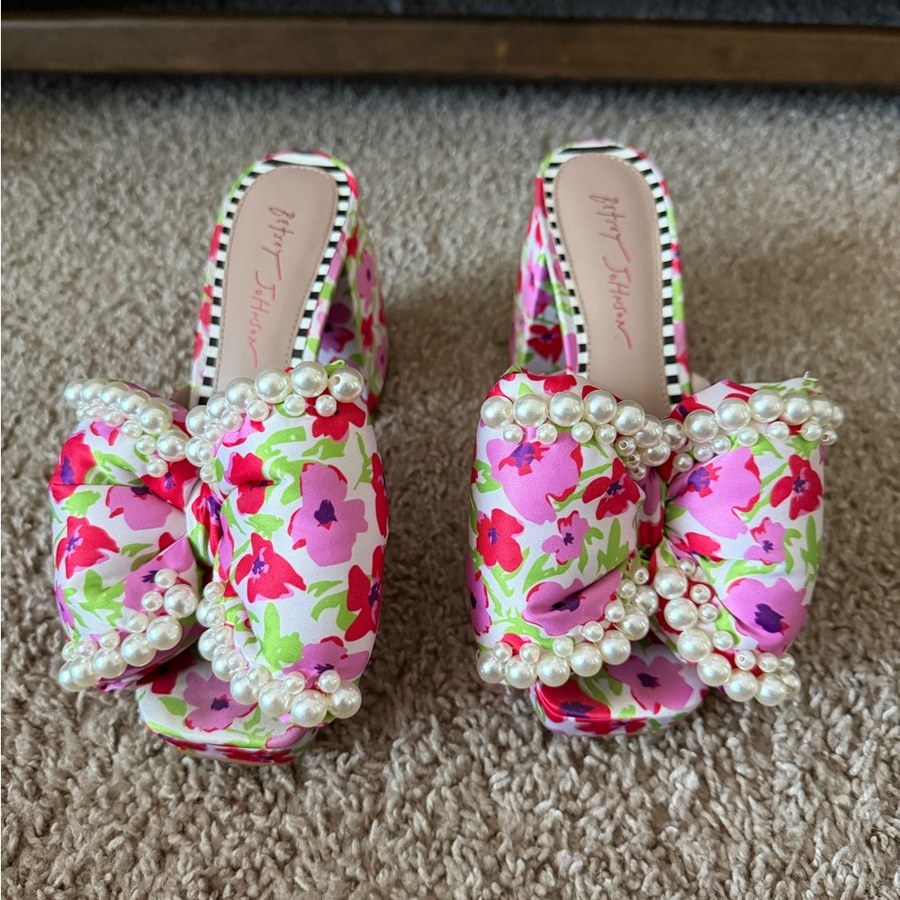 Betsey Johnson Pink Floral Mules with Pearl Accents